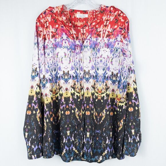 Calvin Klein Tops - Calvin Klein Long Sleeve Button Front Roll Tab Shirt Womens Large Abstract Artsy